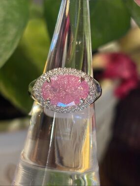 Pink Oval Druzy Halo Ring with Sparkling Pavé Band